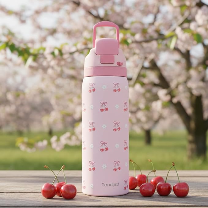 Cherry Insulated Stainless Steel Water Bottle with Straw for Sports and Travel, 32oz, Gifts for Women Girls Friends Teens Birthday Christmas - Bloomnest