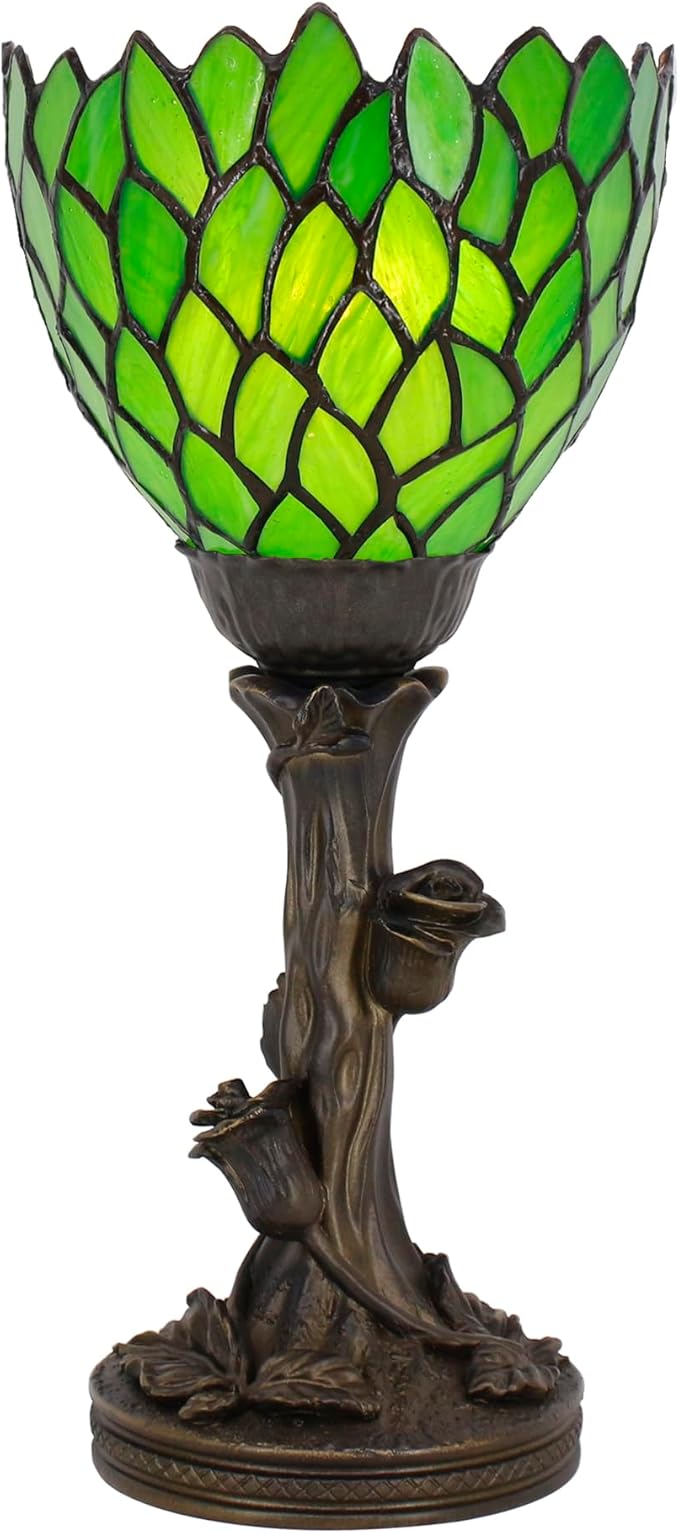 Small Tiffany Lamp Mini Stained Glass Table Lamp Green Wisteria Accent Desk Uplight W6 H13.5 Inch Bronze Resin Base - Bloomnest