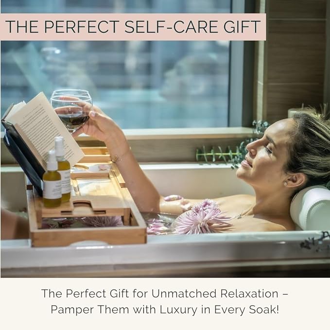 Bath Pillow and Bathtub Tray Set for Tub | Luxurious, Relaxing Home Spa Accessories with Bath Tub Pillows for Head and Neck, Foldable Bath Tray Caddy Organizer | Relaxation Gifts for Women Self Care - Bloomnest