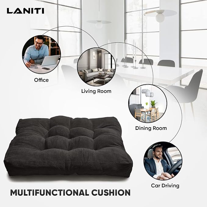LANITI 24” Inch Extra Large Floor Cushions Tufted Floor Pillow for Adults Square Meditation Ultimate Comfort Oversized Pillows for Floor Cushion (Black) - Bloomnest