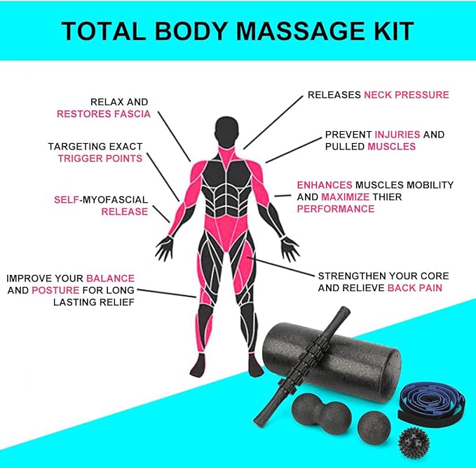 Foam Roller Set - High Density Back Roller, Muscle Roller Stick,2 Foot Fasciitis Ball, Stretching Strap, Peanut Massage Ball for Whole Body Physical Therapy & Exercise, Back Pain, Leg, Deep Tissue - Bloomnest