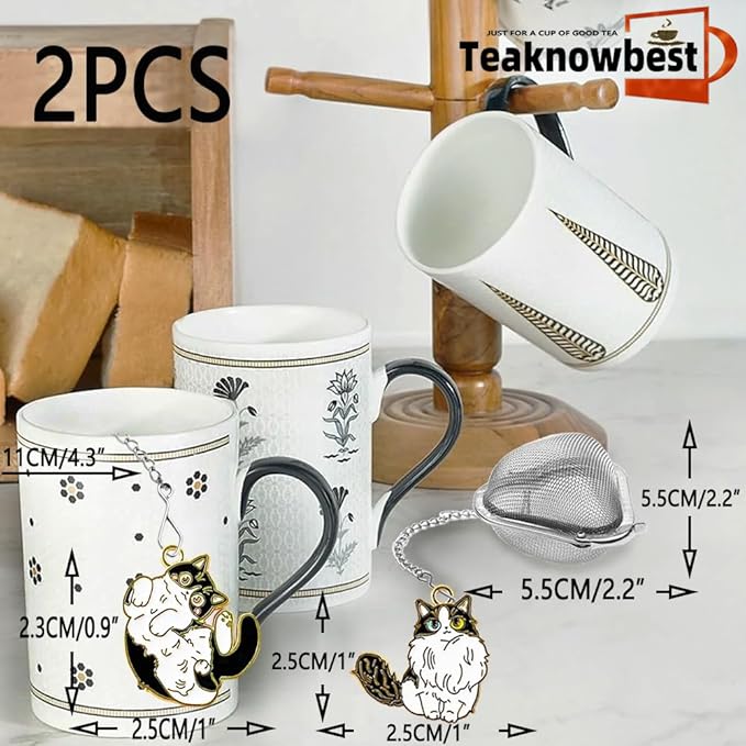 2 Pack Tea infusers, loose tea strainer, Heart shaped tea ball + cute animal pendant, reusable tea steeper makes afternoon tea meaningful (Cat, 2PCS) - Bloomnest