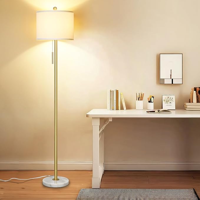 【Upgraded】 Dimmable Gold Floor Lamps for Living Room, 63in Modern Standing Lamp with Marble Base, Tall Pole Light with White Linen Shade for Bedroom Reading Office Corner Nursery - Bloomnest