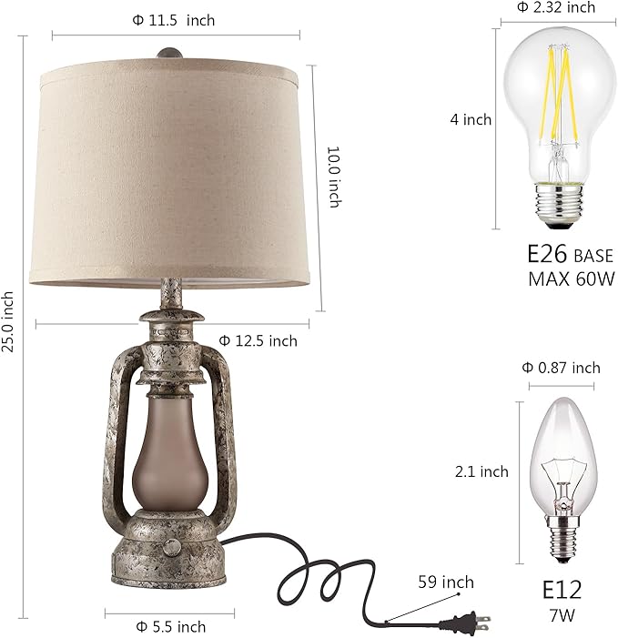 RORIANO Farmhouse Rustic Table Lamps for Living Room Set of 2,Vintage Lantern Table Lamp with Dual USB Ports, 25" Tall Retro Bedside Lamp for Bedroom Nightstand, 4 Bulb Included (Iron Gray) - Bloomnest