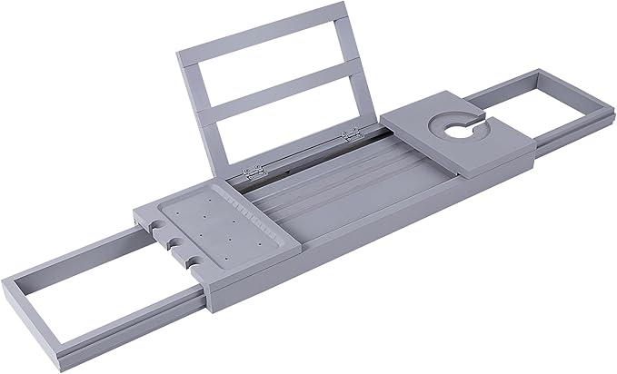 Utoplike Bathtub Tray Caddy Bamboo, Grey Bath Table for Tub Adjustable, Bathroom Organizer with Book Tablet Wine Glass Cup Towel Holder - Bloomnest