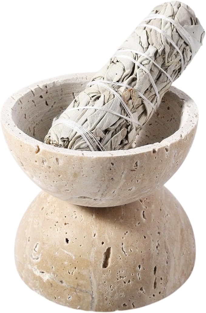 Koville Natural Travertine Stone Incense Burner, Incense Holder for Cone/Balsam Fir/Palo Santo/Sage, Handmade Sphere Incense Burner for Meditation Yoga SPA Relaxation, Home Decor,Beige Travertine - Bloomnest