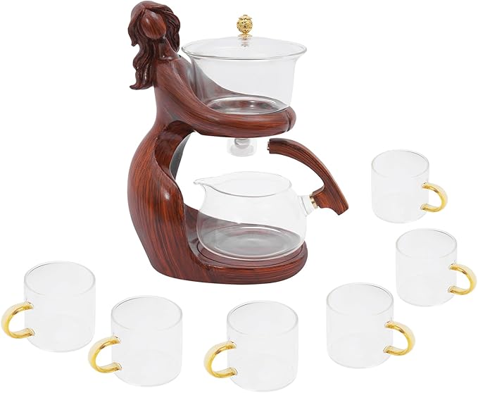 Semi Automatic Glass Teapot Set with 6 Small Cups, Magnetic Teapot with Infuser Tea Maker Machine for Homes, Offices, Gatherings (Red Brown) - Bloomnest