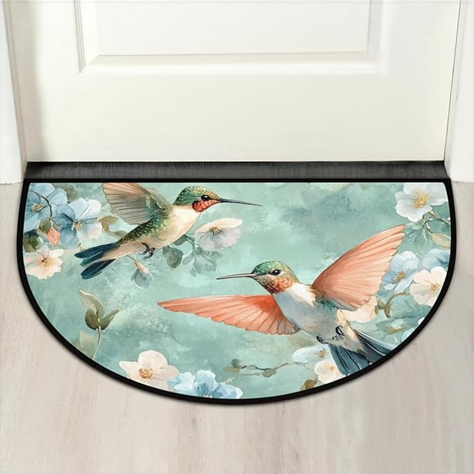 Half Round Door Mat, Teal Hummingbirds and Flowers Half Circle Rug for Home Decor Floor Indoor Outdoor Non-Slip Washable Half Moon Rug Doormat 36X24 Inch - Bloomnest