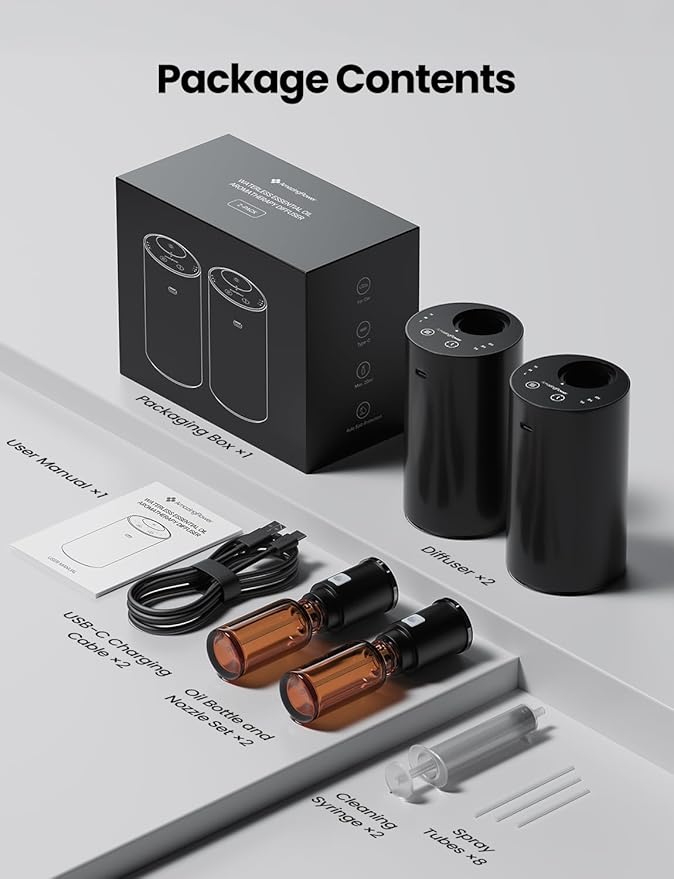 Waterless Essential Oil Diffuser, Portable Aromatherapy Diffuser with 20mL Capacity, Battery Operated Mini Scent Diffuser,3 Mist Levels & Timers, Leak-Free, for Home, Car, Office (Black 2 Pack) - Bloomnest