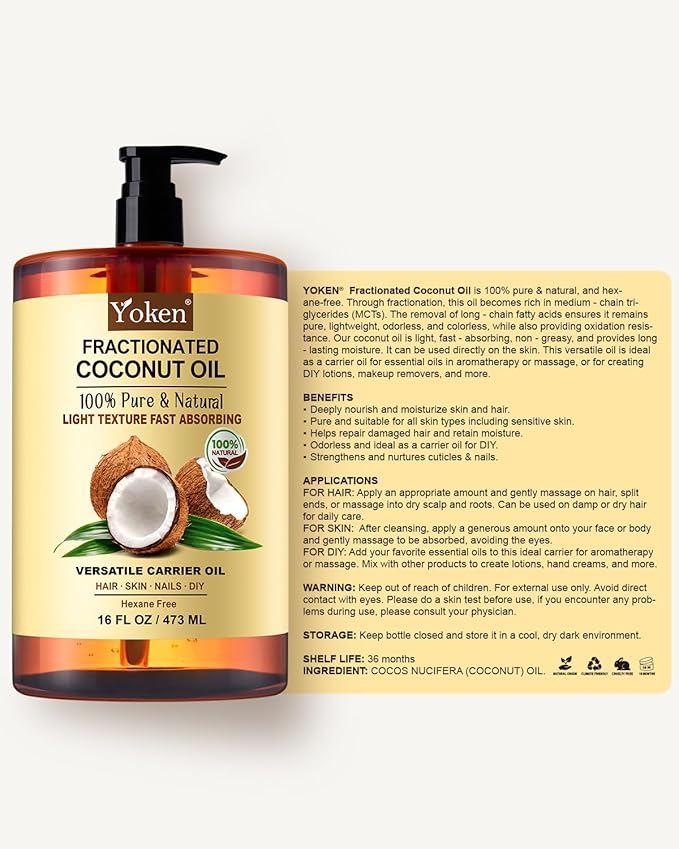 Fractionated Coconut Oil for Skin 16 Oz, 100% Pure & Natural Liquid Coconut Oil, Moisturizer for Hair, Face, Body, Carrier Oil for Essential Oils Mixing, Massage, Hexane Free, Unscented - Bloomnest