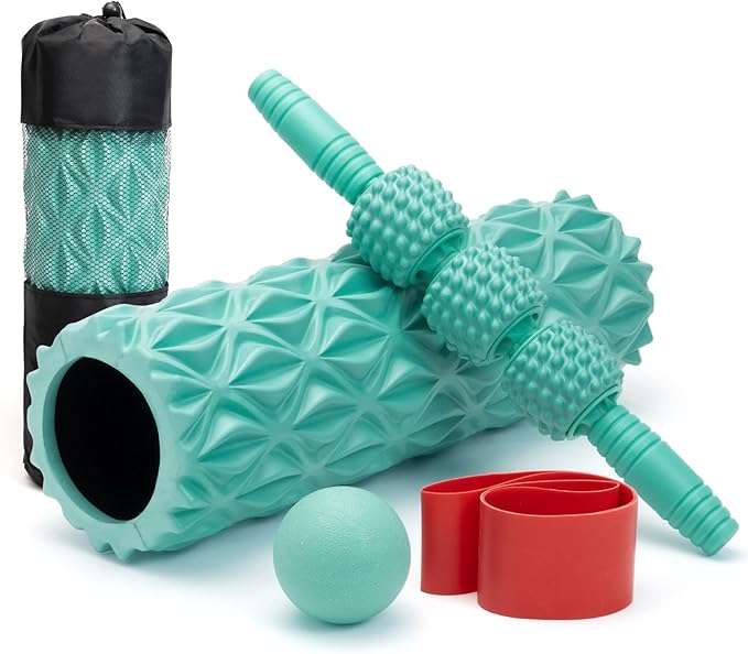 5 in1 Foam Roller Set, Trigger Point Foam Roller, Massage Roller Stick, Massage Ball, Resistance Band for Deep Muscle Massage Pilates Yoga,Fitness Exercise for Whole Body (Pure Turquoise) - Bloomnest