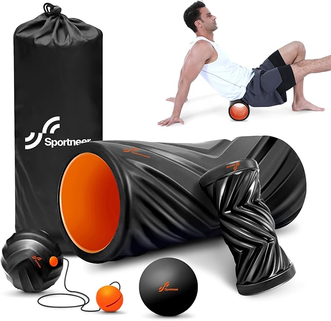 Sportneer 4 in 1 Foam Roller Set: Dual Textures Foam Roller, Foot Roller, Lacrosse Ball, Traction Massage Ball with String, Deep Massage Roller for Whole Body Release, Physical Therapy - Bloomnest