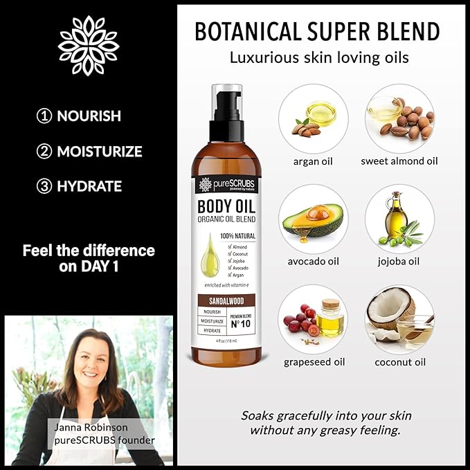 pureSCRUBS Ultra Moisturizing Sandalwood Body Oil Spray For Dry Skin, Massage, Cuticles & More, Organic Blend of Jojoba, Argan, Coconut, Sweet Almond & Avocado Oils Enriched with Vitamin E, Lg 4oz - Bloomnest