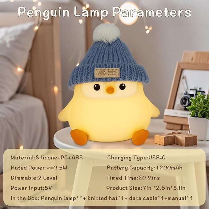 Penguin Lamp with Knit Hat,Kawaii Penguin Night Light,Food Grade Silicone,Dimmable Nursery Nightlight,LED Squishy Novelty Animal Lamp,Kids Room Decor,Funny Gifts for Kids Boys Girls Baby - Bloomnest