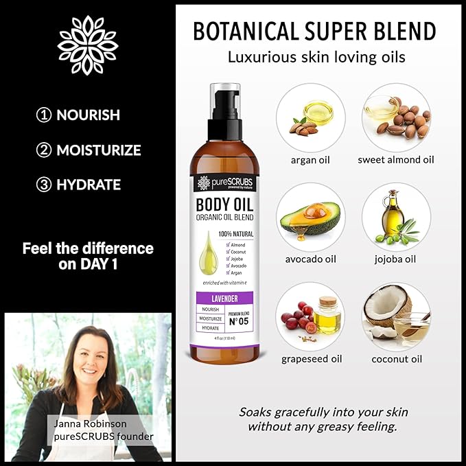 pureSCRUBS Ultra Moisturizing Lavender Body Oil Spray for Dry Skin, Massage, Cuticles & More, Organic Blend of Jojoba, Argan, Coconut, Sweet Almond & Avocado Oils Enriched with Vitamin E, Lg 4oz - Bloomnest