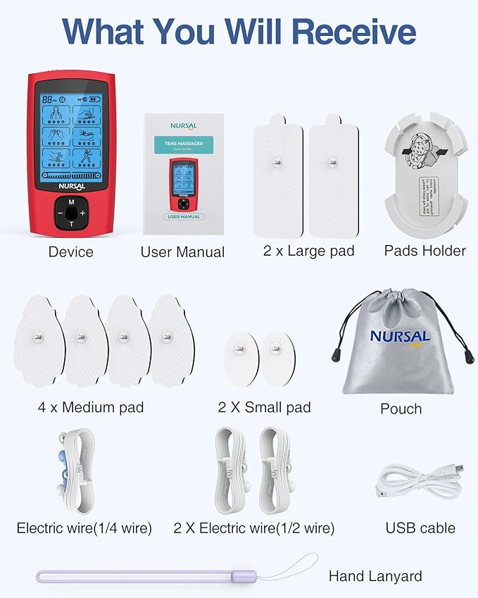 NURSAL 24 Modes TENS Unit Muscle Stimulator, Rechargeable Electronic Pulse Massager with 8 Pads for Back and Shoulder Pain Relief and Muscle Strength (Red) - Bloomnest