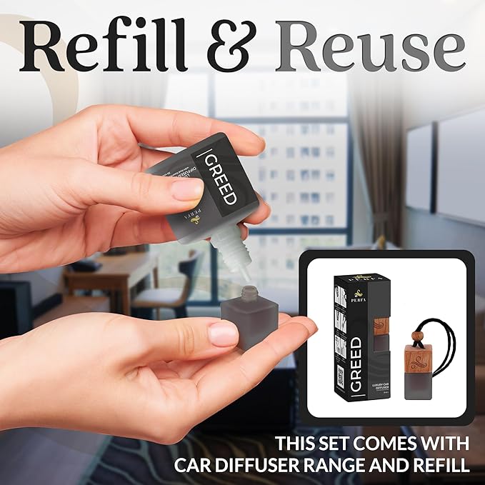 Greed Gift Set with Refill Bottle | Perfume Inspired Car Fragrances | Strong Car Freshener with Odour Eliminator Technology | Greed Automotive Freshener by Perfa - Bloomnest