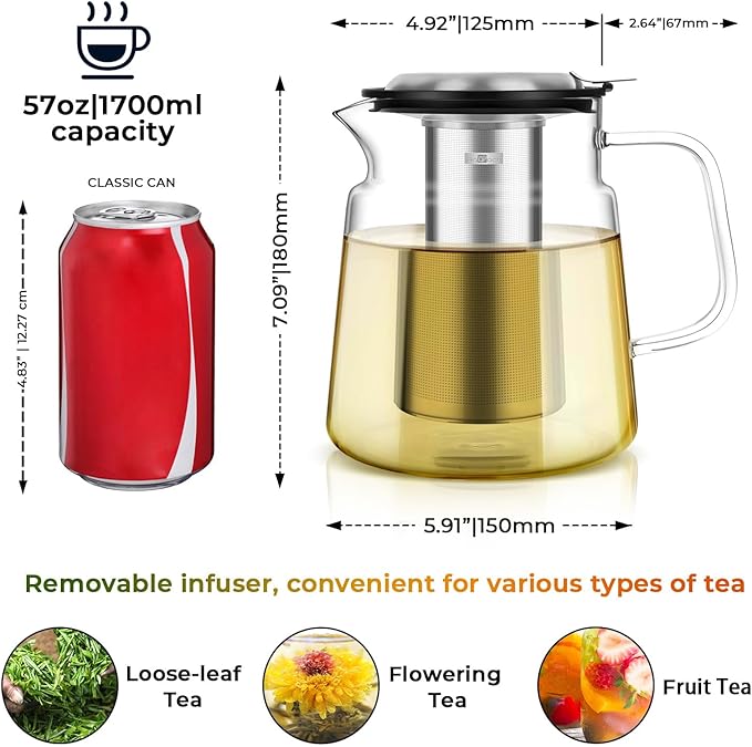 Aquach Glass Teapot with Removable Infuser - 57oz Borosilicate Tea Pot for Stovetop & Cold Brew, Stainless Steel Filter for Loose Leaf/Iced Tea - Bloomnest