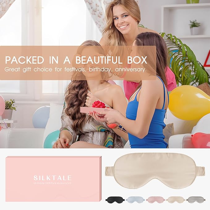 Soft Real Silk Light Blocking Cooling Sleep Eye Mask for Women/Men/Travel/Airplane,Beige - Bloomnest