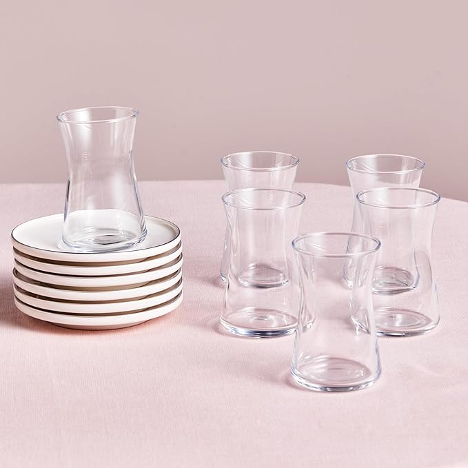 Karaca Streamline Saturn 12-Piece Turkish Tea Cups for 6 People, 5.75 fl oz Turkish Tea Glasses Set, Durable Glass with Platin Detailing & White Color Saucers - Bloomnest