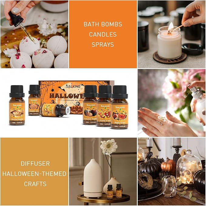 SALKING Halloween Fragrance Oils, Premium Essential Oils for Diffuser, Scented Oils Gift Set for Soap Candle Making - Pumpkin Pie,Caramel Apples,Candy Corn, Snickerdoodle, Caramel Corn, Apple Cider - Bloomnest