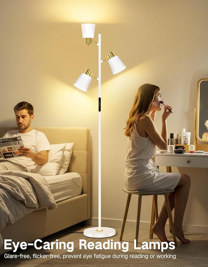 OUTON LED Tree Floor Lamp, Modern Dimmable Standing Lamp with Remote & Touch Control, 4 Color Temperatures, 3 Rotatable Lights Floor Lamps for Living Room, Bedroom, Office, White & Gold - Bloomnest