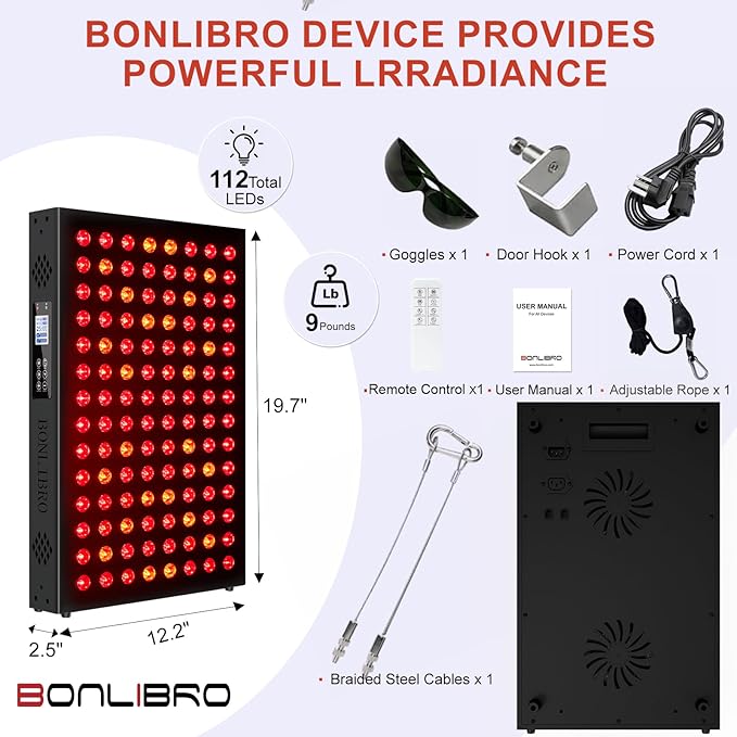 Red Light Therapy Panel for Face and Body, Infrared Light Therapy with Timer & Remote Control, Quad Wave 660nm 850nm 630nm 940nm Near Infrared Light Therapy Panel Portable Dual Chip LED Device BONLIBRO