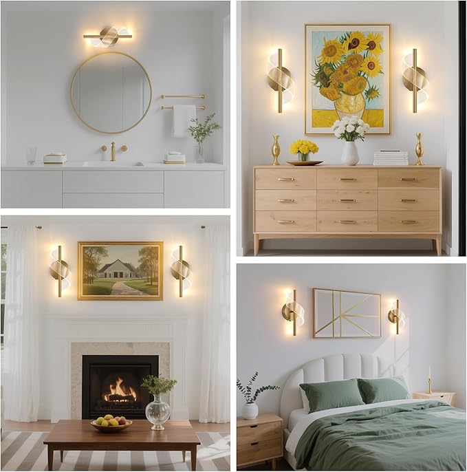 Cordless Wall Sconces Set of 2, Helical Wireless Rechargeable Battery Wall Light with Remote Control Dimmable. Portable Lighting for Wall Painting, Living Room, Bedroom, Night Light. 11.8''Gold - Bloomnest