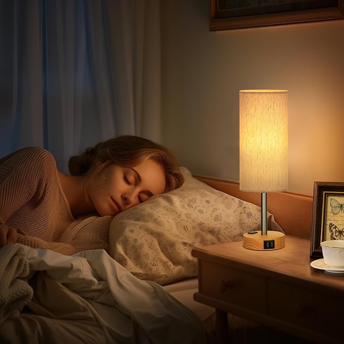 Fenmzee Small Touch Table Lamps Set of 2-3-Way Dimmable, USB A + C Charging, AC Outlet, Wood Grain Base, Bulbs Included - Bloomnest