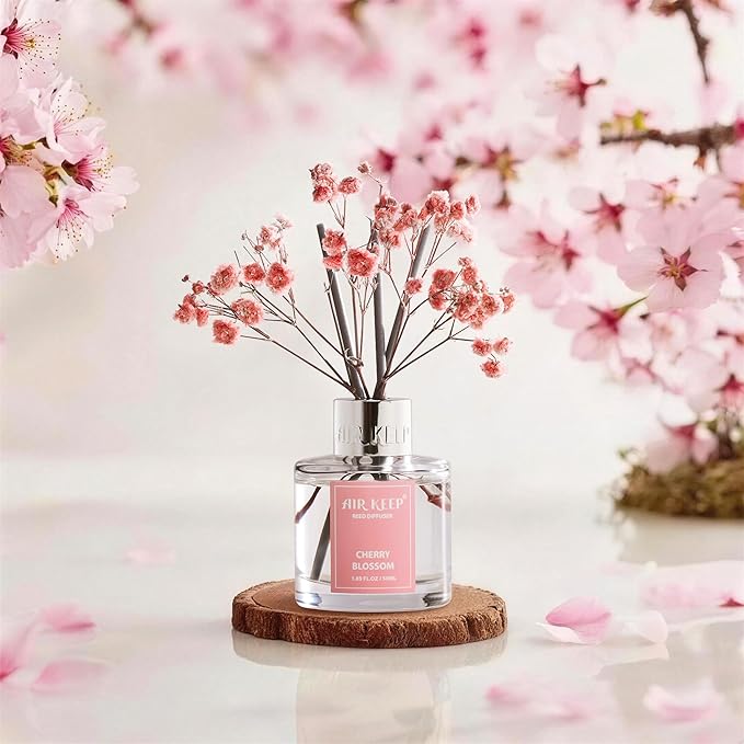 Airkeep Reed Diffuser Set,1.69 fl oz (50 ml) - Cherry Blossom Oil Diffusers with 8 Reed Sticks,Home Fragrance Reed Diffuser for Bathroom Shelf Decor - Bloomnest