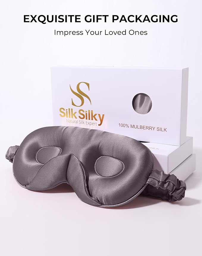 SilkSilky 100% 22 Momme Mulberry Silk Sleep Mask – Upgraded 3D Contoured Eye Mask with Nose Wing Pads & Adjustable Strap, Luxury Blackout Eye Cover for Women & Men (Dark Gray) - Bloomnest
