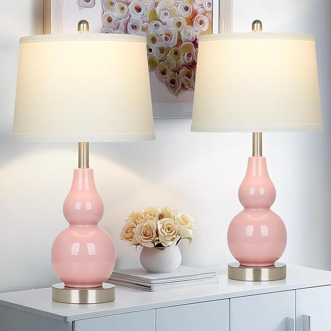Pink Ceramic Lamps Set of 2, 25" Modern Double Gourd Ceramic Table Lamps for Living Room, Cute Bedside Nightstand Lamps with Fabric Shade for Bedroom End Table Home Office Girls Room(2 Bulbs Included) - Bloomnest