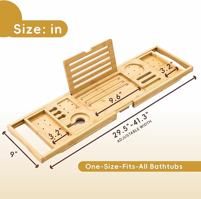 Premium Foldable Bamboo Bathtub Tray Caddy, Expandable Bath Caddy Tray with Holder, Natural Bath Shelf Over Tub, Spa Bathroom Accessories & Gifts for Home - Bloomnest