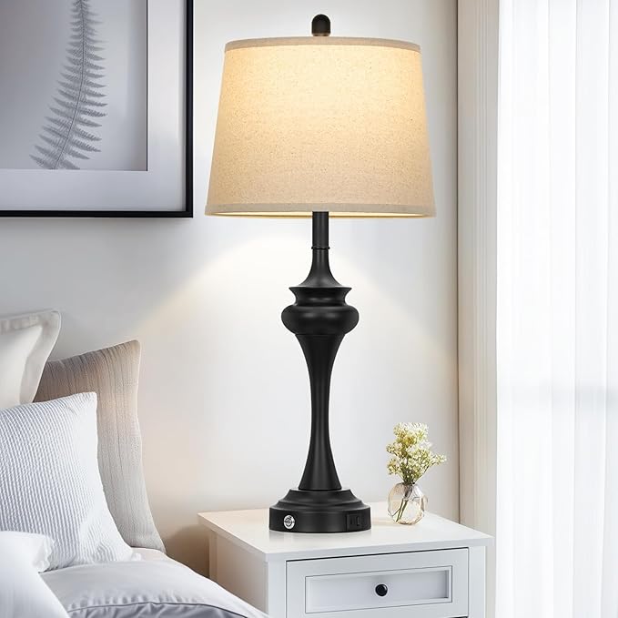 30" Black Tall Table Lamps for Living Room, Touch Control Bedside Lamp with USB A+C Ports, 3-Way Modern Bedroom Table Lamps Set of 2, Elegant Metal Lamp for Nightstand Desk Side Table Office - Bloomnest