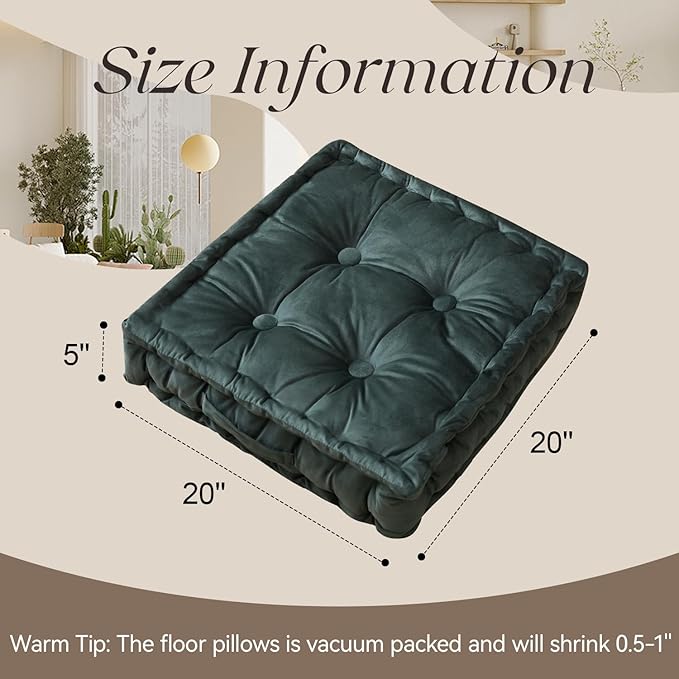 Square Floor Pillows, Large Floor Cushion for Adults Kids, Meditation Floor Pillow Seating Cushion with Shredded Memory Foam and Silk Wadding, 20"x20"x5" Dark Green - Bloomnest