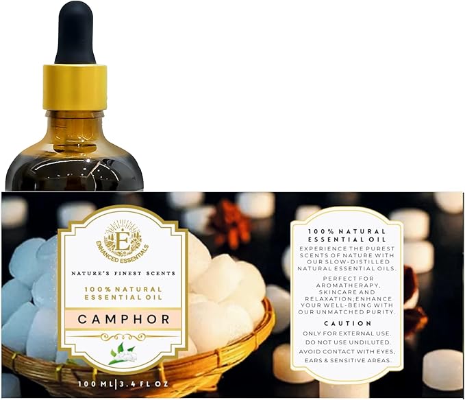 Luxurious Camphor Essential Oil by Enhanced Essentials| Slow Distilled & Pure| for Home Cleaning,Diffusers,Steamers,Aromatherapy,Bath,Massage,Soap & Candle Making| 3.38 fl oz (100 ml) - Bloomnest