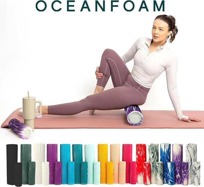 Oceanfoam Ripple Travel Foam Roller (11" x 3.35") Firm Mini Foam Roller for Physical Therapy, Deep Tissue Massage, Back Pain - High Density, Ergonomic Wave Textured - Yoga, Exercise (Purple Marbled) - Bloomnest