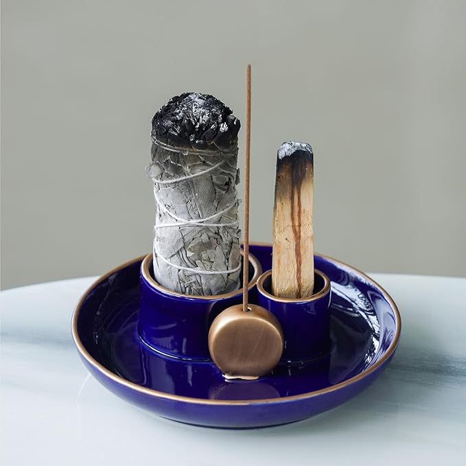 4 in 1 Incense Holder, Ceramic Incense Stick and Palo Santo Holder,Sage Holder for Burning- 5.5" Ceramic Ash Catcher Tray for Meditation and Yoga Room (Blue Golden) - Bloomnest