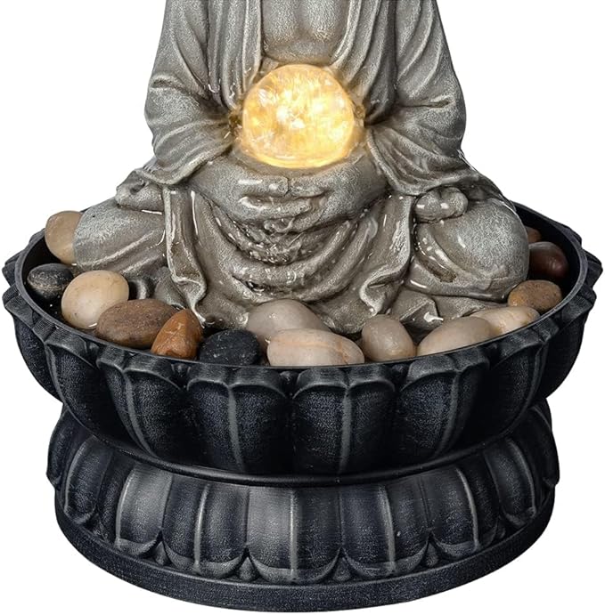 Kalona Tabletop Buddha Waterfall Fountain, Meditating Buddha Zen Fountain with LED Glass Orb, Relaxing Desk Water Feature for Home Office Decor(21127B) - Bloomnest