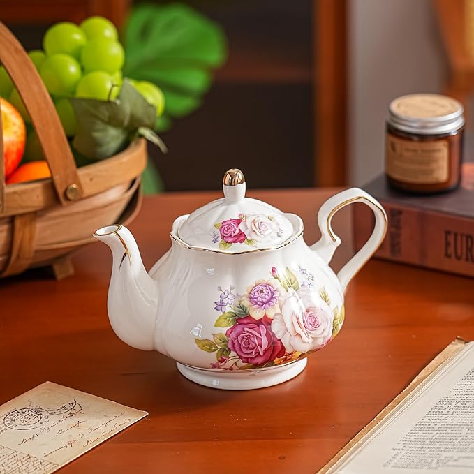 Flower Ceramic Teapot,22oz Porcelain Tea pot for Tea Coffee Milk for Office Home Men Women as Gift (Rose) - Bloomnest