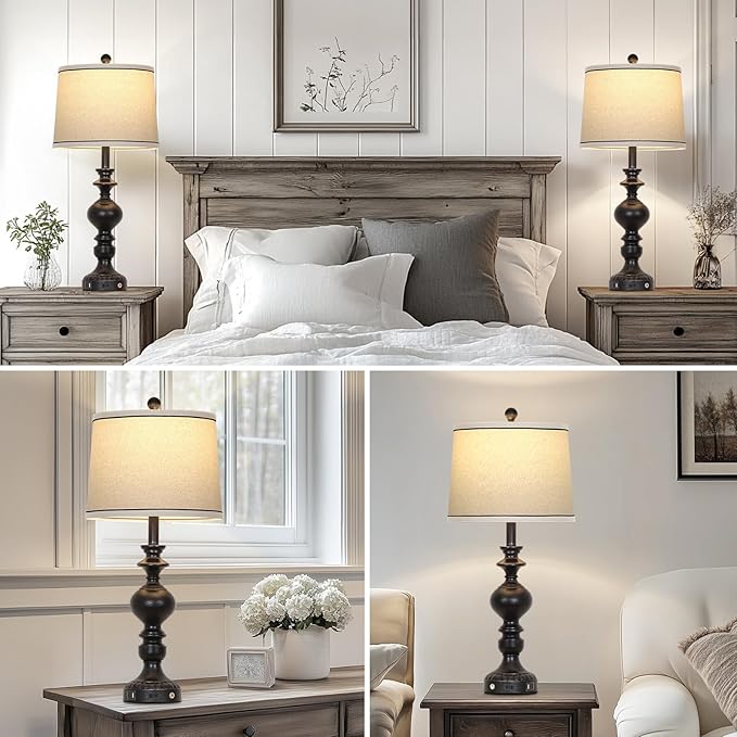 28" Black Farmhouse Table Lamps Set of 2, Rustic Lamp for Living Room with USB C+A Ports & AC Outlet, 3 Way Touch Control Resin Bedside Lamps, Retro Bedroom Lamp for Nightstand Side End Table Desk - Bloomnest