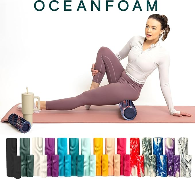 Oceanfoam Tidal Roller - Red, Dark Navy & Natural Marbled - Muscle Massage Foam Roller for Back Pain & Stretching - Firm & Ergonomic Wide Wave Textured - Yoga, Athletics, Wellness - Full Size 20" x 5" - Bloomnest