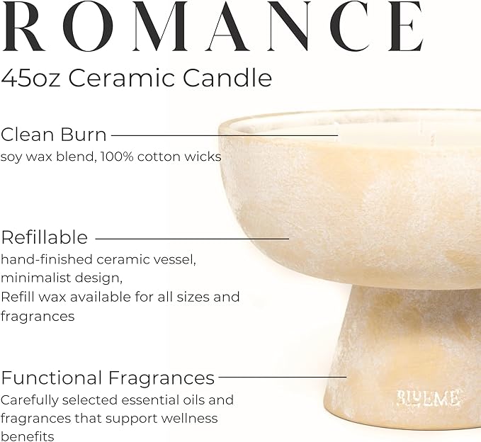 BLUEME Romance - Oakmoss & Sandalwood, Luxury Candle w/Essential Oils, 6 Wick, Hand-Poured Soy, Cotton Wick, Ceramic - Bloomnest