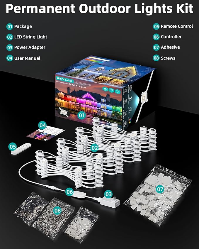 REYLAX Permanent Outdoor Lights Pro, 100ft with 72 Triple-LED 135lm, RGB+IC Smart Eaves Christmas Lights for House, IP67 Waterproof, Multi Scenes for Outdoor Decor, Works with Alexa, Google, Remote - Bloomnest