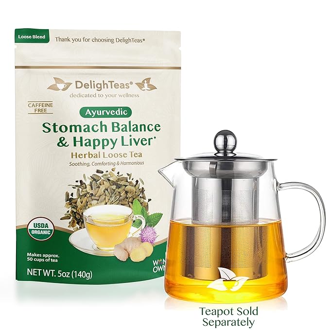 DelighTeas Stomach & Liver Tea | Ayurvedic Herbal Blend for Digestion | Organic Milk Thistle, Fennel, Ginger, Peppermint & Licorice | Vegan, Caffeine-Free, Sugar-Free | Loose Leaf, 50 Servings, 5oz - Bloomnest