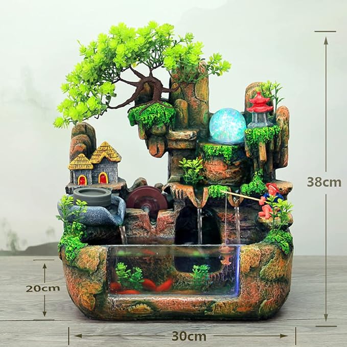 Desktop Fountain Waterfall with Light Rockery Fountain Meditation Plants Stones LED Lamp Indoor Feature with Automatic Pump Relaxation Resin Planter for Office Decoration - Bloomnest