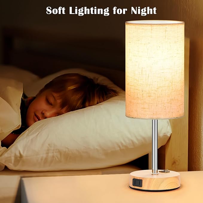ZJOJO Table Lamp for Bedroom Set of 2, Bedside Small Lamps with 3 Way Dimmable Rocker Switch & AC Outlet, Nightstand Desk Lamp with Flaxen Fabric Shade Woodgrain Base for Living Room Home Decor Lights - Bloomnest