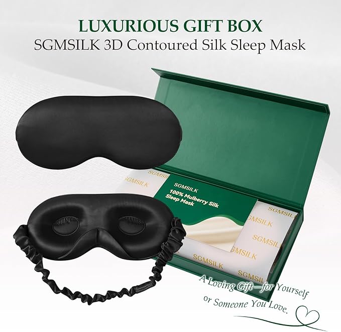 100% 22 Momme Mulberry Silk Sleep Mask with Adjustable Strap, 3D Contoured Cup Silk Eye Mask for Sleeping, Total Black Out, Black - Bloomnest