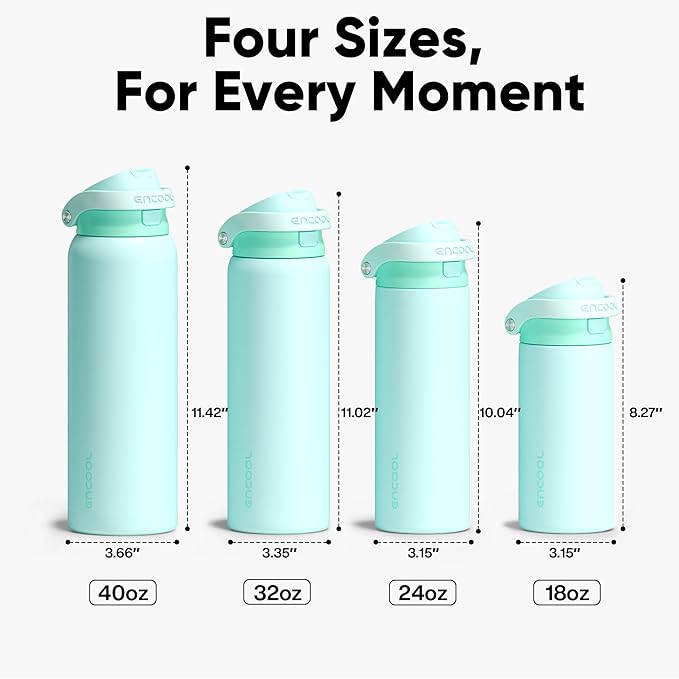 ENCOOL Leakproof Insulated Water Bottle with Straw Dual-Sip Water Bottle Bag-Safe Design for Work, Commute & Gym – Keeps Drinks Cold All Day, 32 oz, Ice Blue ENCOOL