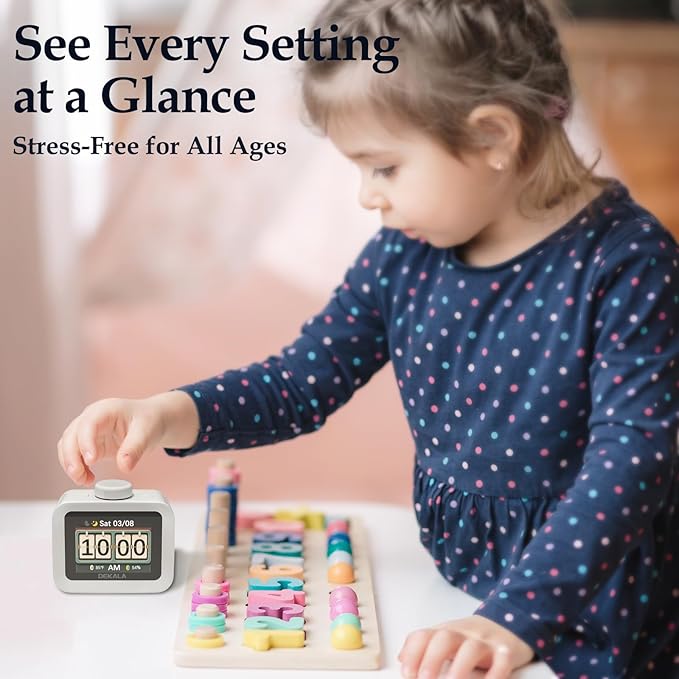 Dekala AuraDot 7-Day Programmable 4 Alarm Clock w/Temperature Humidity Monitor, White Noise Sound Machine for Sleep 30 Non-Loop Soothing Sounds, Timer/Play All Night, IPS Screen Sleep Animation,